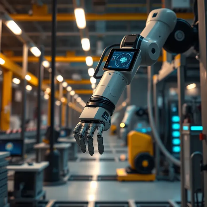 Robot arm with digital interface showing artificial intelligence symbols in a high-tech industrial environment