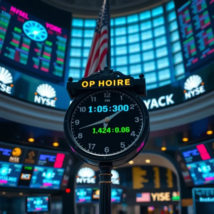 Clock showing the opening time of the New York Stock Exchange with a backdrop of the trading floor