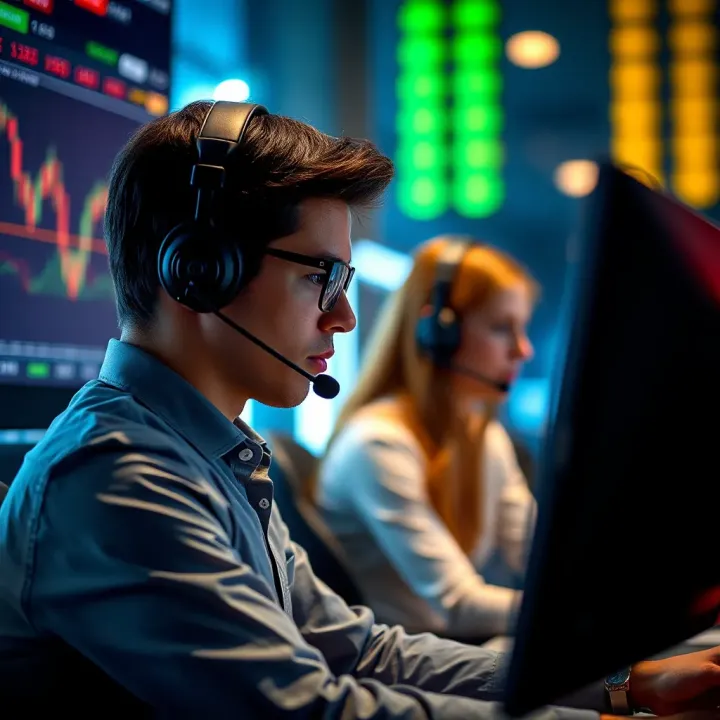 Customer service representative assisting client via headset in a trading environment