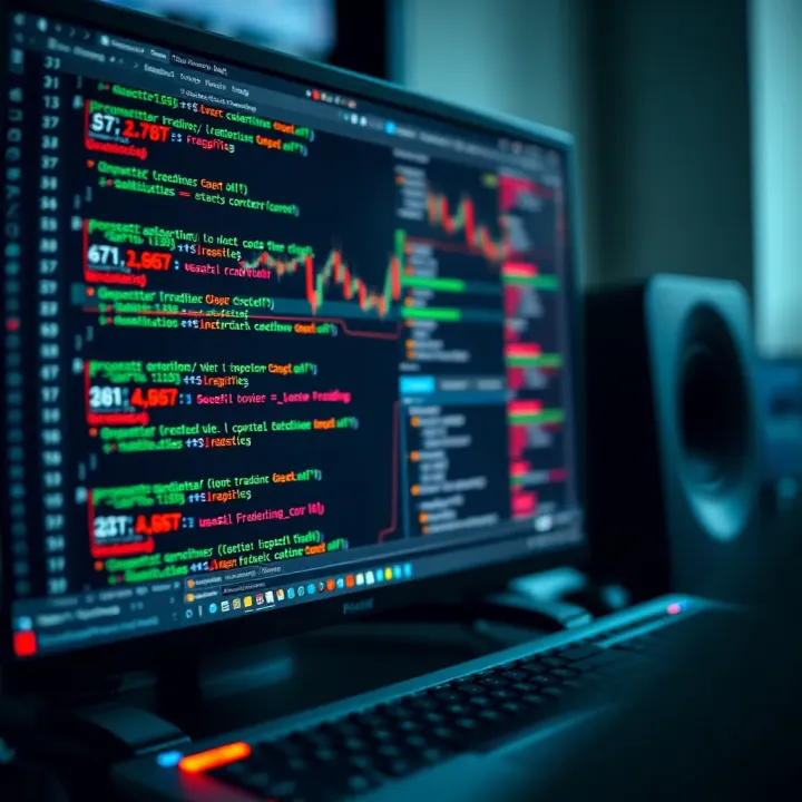 Coding and Testing an Automated Trading System Computer screen displaying code and algorithm parameters for automated trading system