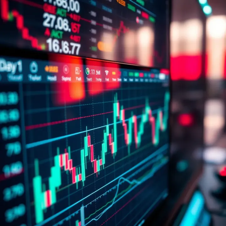 Financial Market Analysis for Trading Bot Development Graph showing financial market trends and trading strategy indicators on a digital screen