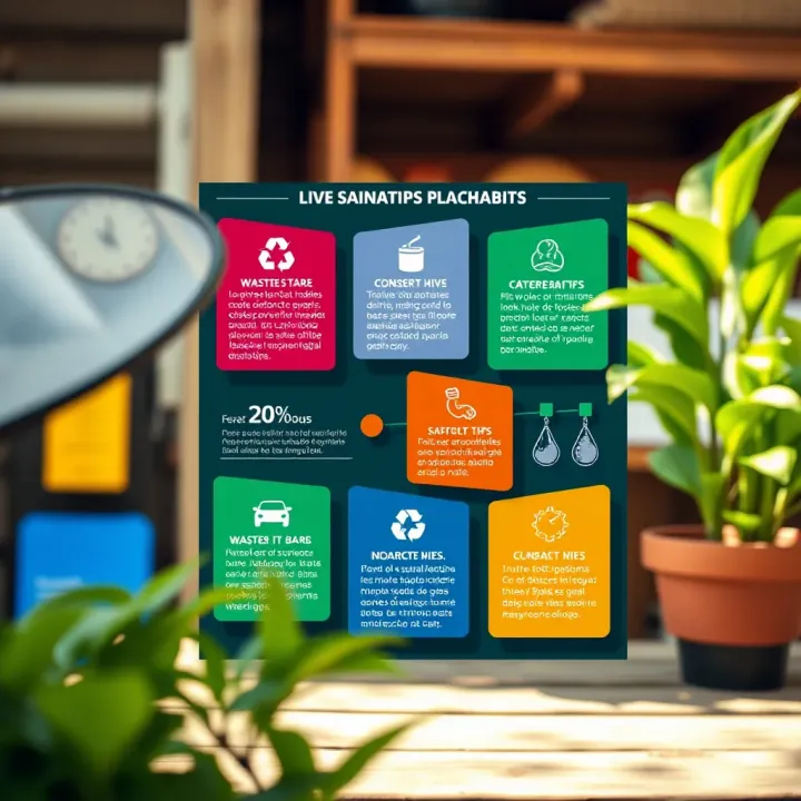 Practical Tips for Applying Sustainable Habits Colorful infographic showing practical tips to apply sustainable habits like reducing waste and conserving resources in everyday life