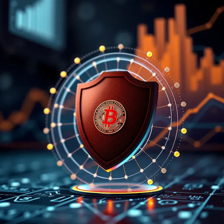 Visual representation of secure digital protection with shield and blockchain icons symbolizing safety in crypto investments
