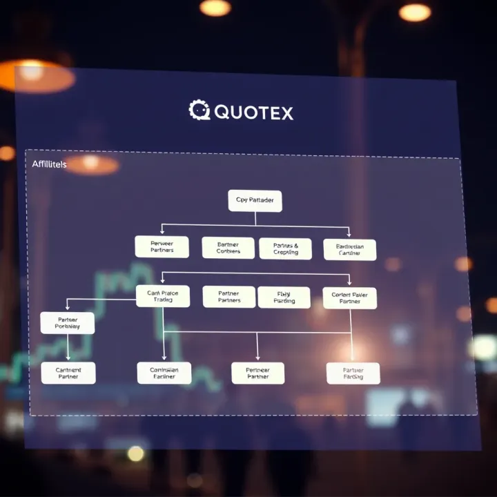 Diagram showing the structure of the Quotex affiliate program with connections to partners and commission flows