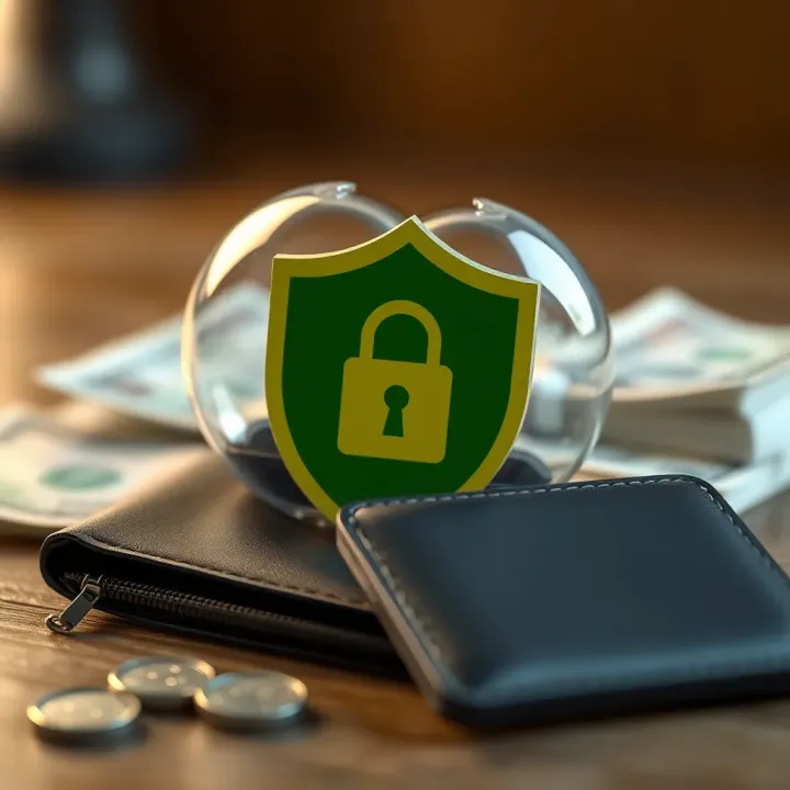 Digital wallet and security shield representing safe money transfer