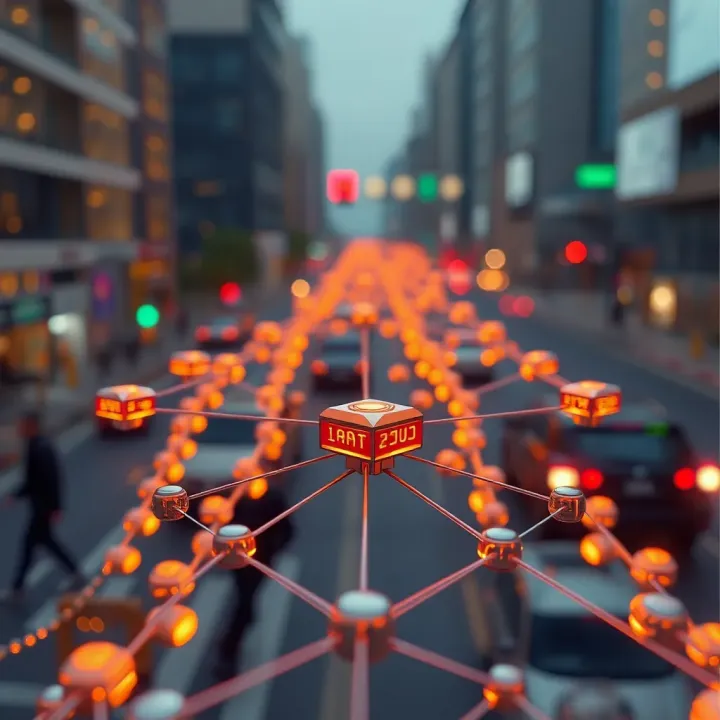 Illustration showing the Solana blockchain network with interconnected nodes and fast data flow