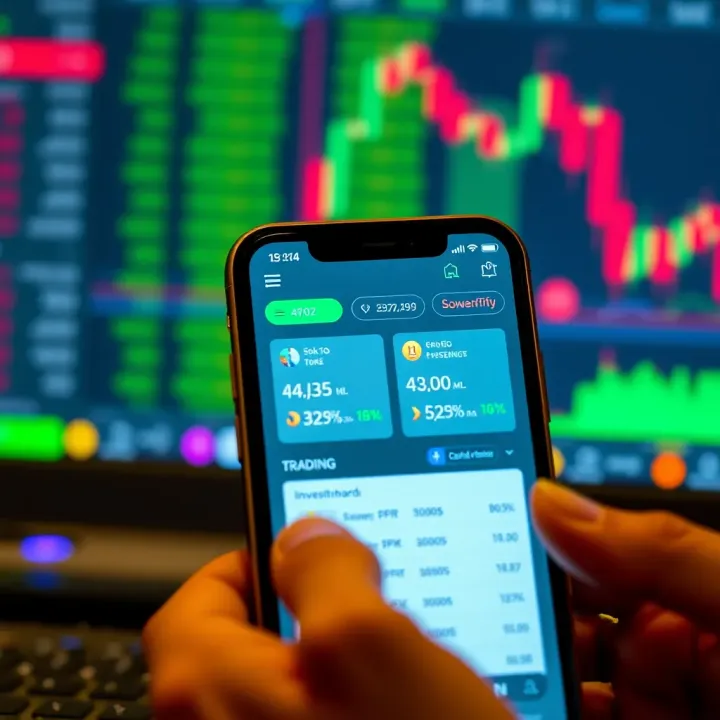 Mobile device displaying a trading application dashboard with charts and investment options