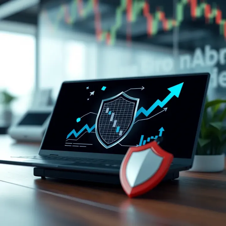 Trading Benefits, Risks, and Strategic Protection Guidance Illustration of trading benefits and risks with charts, arrows, and a shield symbolizing protection and strategy