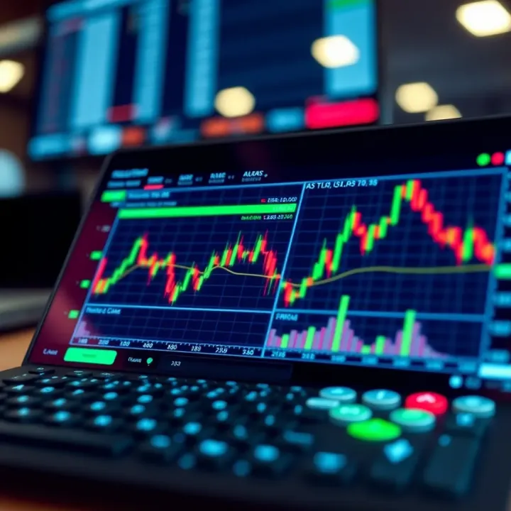 Digital screen displaying trading calculator interface with charts and financial data