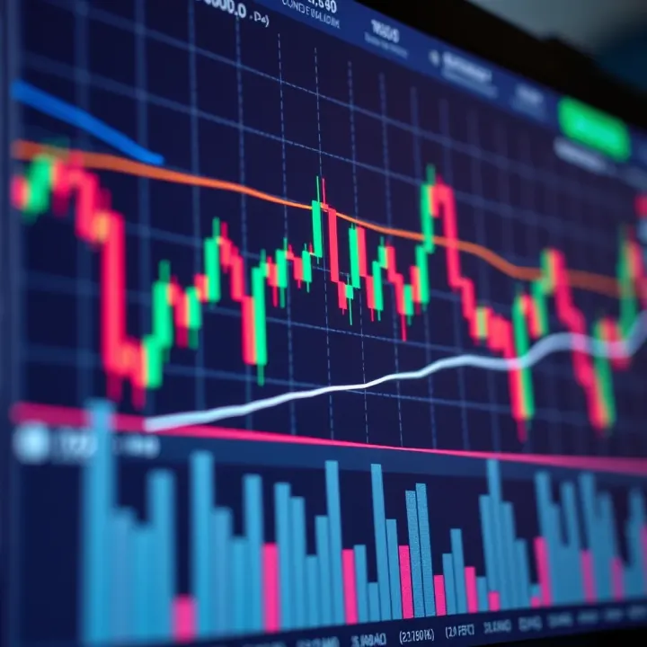 Chart showing upward and downward trends with trading indicators and candlestick patterns on a digital screen