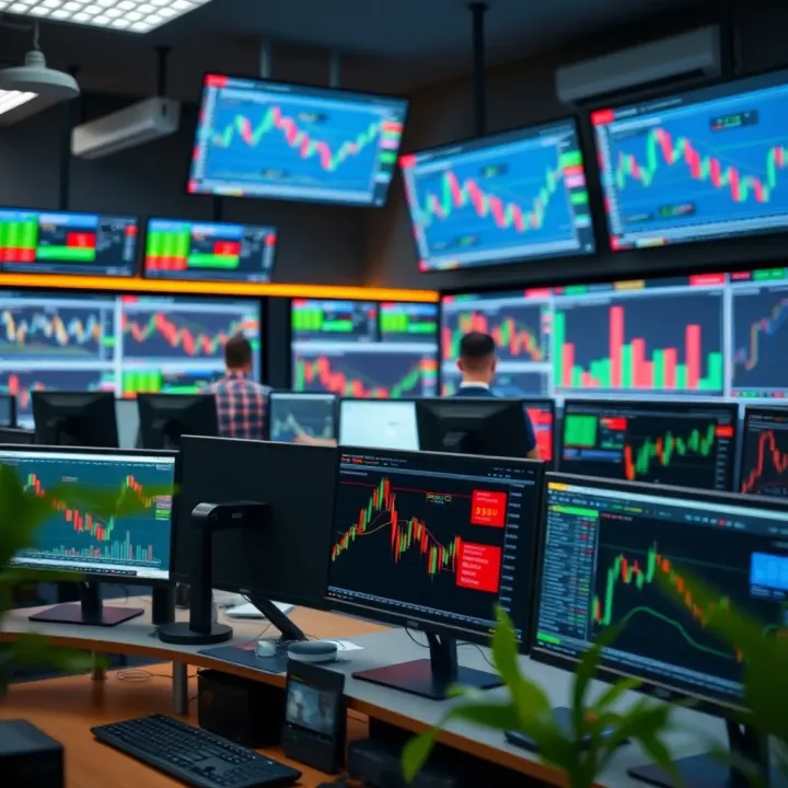 Trading office with multiple computer screens displaying financial charts and market data