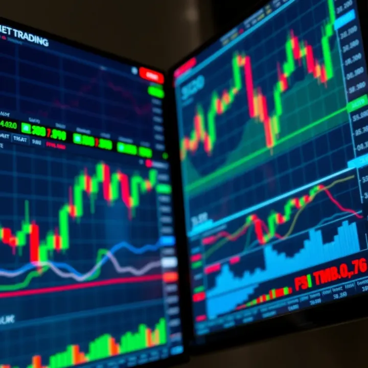 Digital stock trading charts displaying market trends and price movements on multiple screens