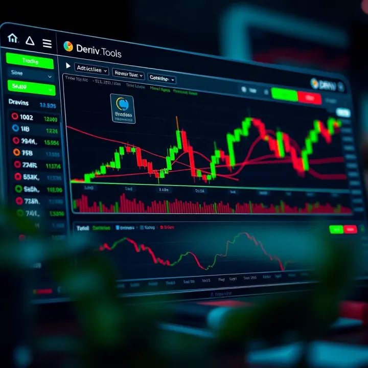 Selection of advanced trading tools within TradingView on Deriv.com highlighting drawing features and technical indicators
