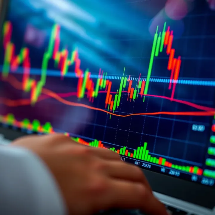 Detailed view of candlestick patterns and trend lines used in financial market analysis