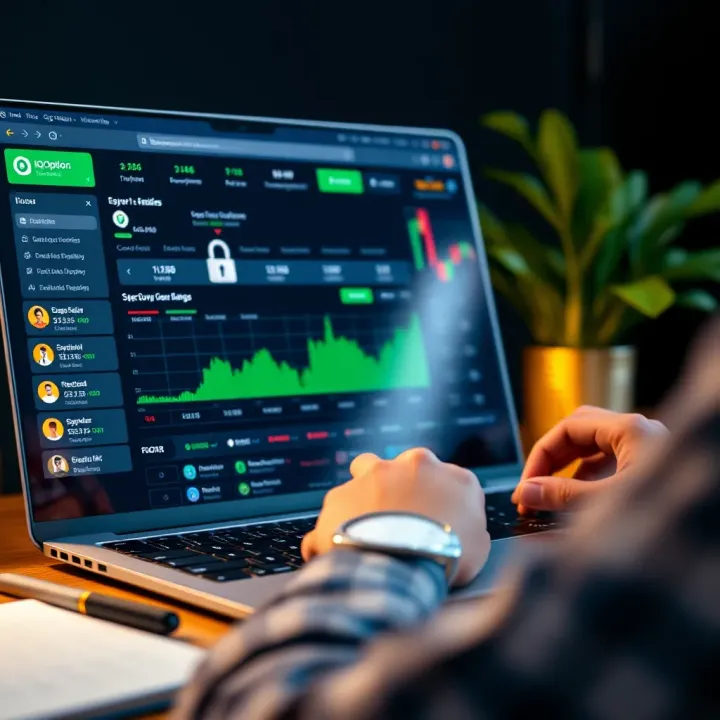 Using IQ Option Securely on Desktop Laptop showing IQ Option platform dashboard with investment options and security icons