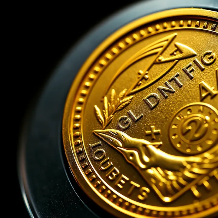 Close-up view of a gold ounce coin showing intricate details and texture